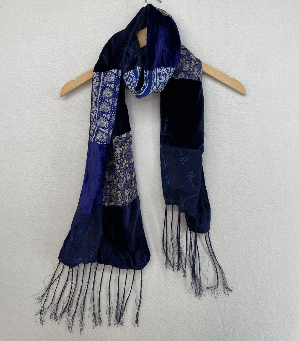 HONEY Scarf OS Patchwork Velvet Crepe Shawl Wrap Rectangle Tasseled Blue 10 x 64